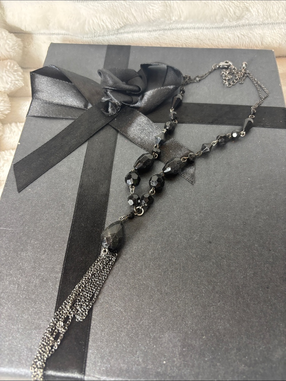 Black Beaded Tassel Necklace - Adjustable